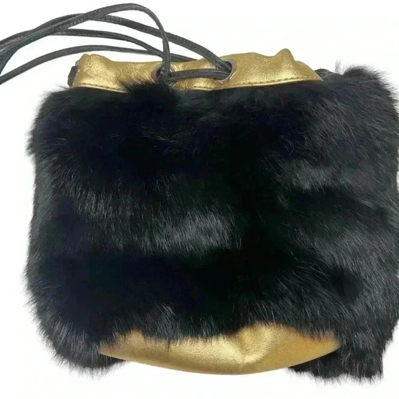 Foley & Corinna Faux Fur Black Handbag Purse Gold trim Special Occasion Fun - Picture 6 of 15